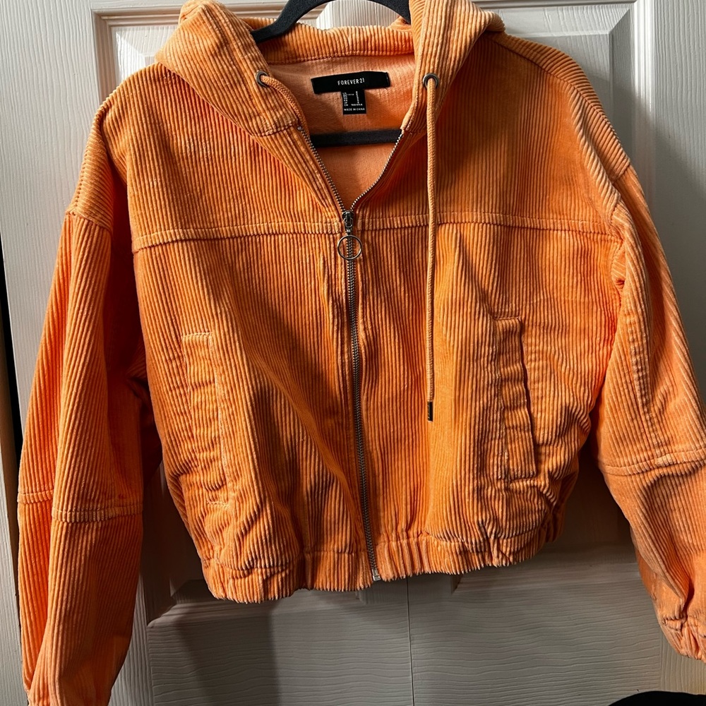 Forever 21 Cropped Orange Corduroy Zip Up Hoodie. Size Small. Never Worn.